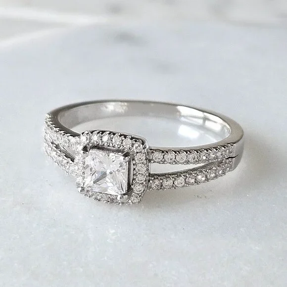 Princess Cut Halo Ring -  925 Sterling Silver Engagement / Promise - Picture 3 of 5